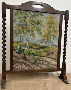lot 97A image: Antique Victorian Oak Fire Screen with Barley Twist Feature Supports with Hand-Sewn Tapestry