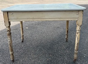 lot 97S image: Vintage Metal Top Table with Rustic Wooden Legs