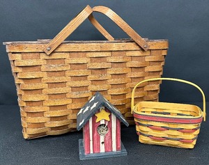 lot 183 image: Longaberger All American Patriot Basket (1997), Large Picnic Basket and Decorate Bird House