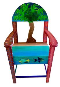 lot 5X image: Hand Painted Solid Wood Chair from Belize with Tropical Design