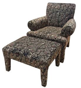 lot 12X image: McCreary Modern Armchair and Ottoman Set with Unique Face Design Upholstery