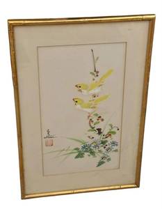 lot 14XX image: Framed Asian Artwork with Floral and Bird Design