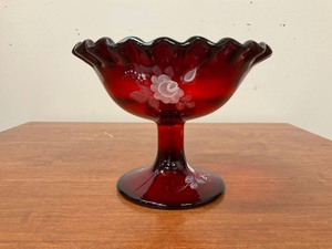 lot 33 image: Signed Hand Painted Ruby Red Ruffled Fenton Compote