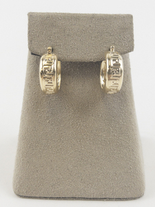 lot 14 image: Greek Key 14K Yellow Gold Hinged Wire Hoop Earrings. Estimated Replacement Value $499