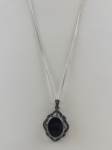 lot 19 image: Marcasite & Onyx Sterling Silver Pendant Necklace .