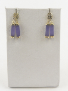 lot 29 image: Chinese Lavender Jadeite Gold Tone dangle Earrings. New Old Stock