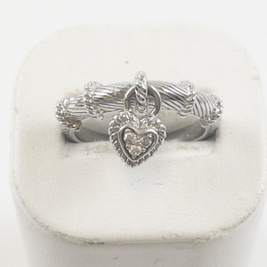 lot 47 image: Judith Ripka Dangling Heart Cz Charm Sterling Silver Ring. Size 11 - 11.25.