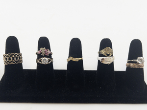 lot 56 image: Group of 8 Gold Tone Base Metal Rings. Size 8.75-9.75.
