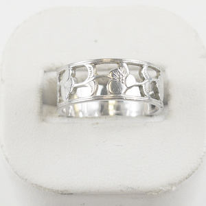 lot 65 image: AVON Openwork Floral Silver Tone Base Metal Band. Size 7.5 - 7.75.