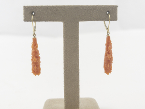 lot 75 image: Carved Floral & Women Coral 18K Yellow Gold Dangle Earrings