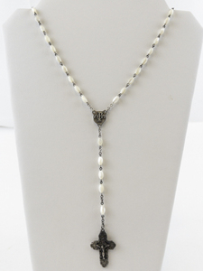 lot 112 image: Mother Of Pearl Sterling Silver Rosary Necklace.