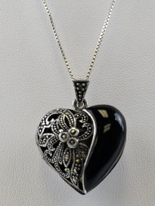 lot 115 image: Designs by FMC Marcasite & Onyx Sterling Silver Pendant Necklace .
