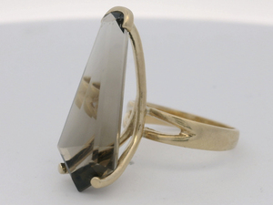 lot 6 image: Stunning Kite Cut Smokey Quartz 14K Yellow Gold Statement Ring . Size 5.75 - 6.