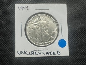 lot 8 image: 1943 Uncirculated Walking Liberty Half Dollar, Likely MS