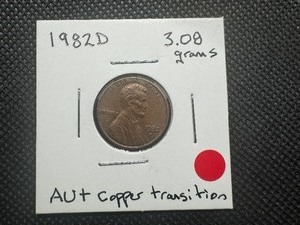 lot 41 image: 1982 D Scarce Copper Transition Penny. AU, Grat Condition. 3.08 Grams