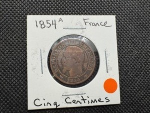lot 117 image: 1854 A French Cinq Centimes.  Circulated RedBrown with great patina.