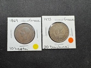 lot 100 image: Greek Coins 1869 10 Lepta 1973 20 Drachmai.  The 73 is an exceptionally beautiful coin.