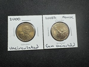 lot 52 image: (2) Uncirculated Modern Dollars. 2000 Sacagawea wslight toning  2008D. Monroe Gem. Both very nice coins, no disappointment