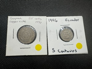 lot 78 image: (2) Tougher Find World Coins. 1946 Ecuador 5 Centavos and 1976 Guyana 25 Cents