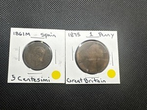 lot 95 image: 19th Century European Coins. 1861 M Spanish 5 Centesimi and1875 British Penny