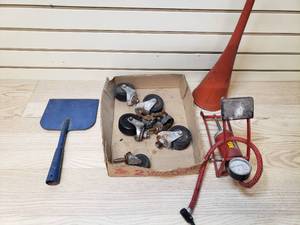 lot 53 image: Casters, Ice chopper head, funnel and foot pump inflater