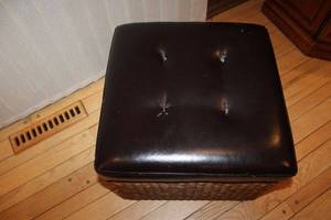 lot 57 image: Brown Faux Leather Ottomon Storage Cube with Woven Base