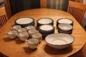 lot 65 image: Complete Set of Dinnerware with Blue Trim - 35 Pieces