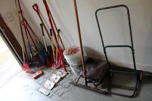 lot 81 image: Collection of Yard Tools and Organizer Racks