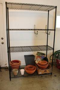 lot 83 image: Metal Wire Shelving Unit with Garden Pots and Accessories