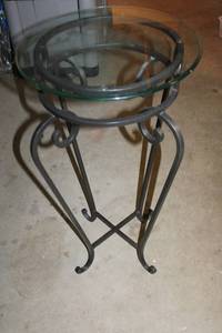 lot 98 image: Glass Top Metal Side Table with Decorative Iron Base