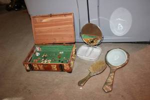 lot 111 image: Vintage Vanity Set with Mirror, Brush, and Assorted Pins and Brooches