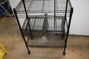 lot 116 image: Black Metal 3-Tier Wire Shelf on Wheels with Baskets