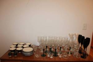 lot 130 image: Stoneware and Glassware Set with Cups, Saucers, and Goblets