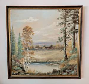 lot 4 image: Large Framed Oil on Board Landscape Painting by H. Hayer