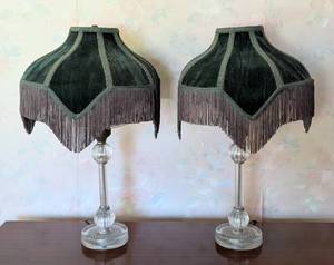 lot 21 image: Pair of Green Velvet and Fringe Table Lamps