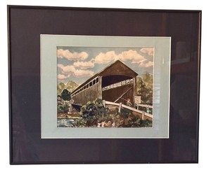 lot 44 image: Vintage Framed Watercolor Painting Covered Bridge by Smith Johnson