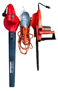 lot 124 image: Corded Tools including Black & Decker Leaf Blower, Shop Light and Chainsaw