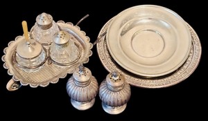 lot 106 image: Vintage Silver-Plated Items Including Salt & Pepper Shakers, Platters, Condiments Tray and More