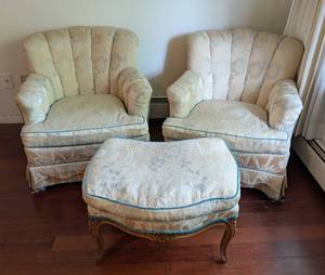 lot 75A image: Pair of Vintage Armchairs and Ottoman