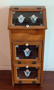 lot 16 image: Peite Wood and Stained Glass Storage Cabinet