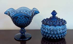lot 122A image: Fenton Blue Hobnail Glass Bowl and Covered Dish