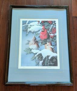 lot 124A image: Framed Kevin Daniel Winter Cardinals Print