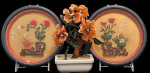 lot 128 image: Two Jade Coral Elements Circular Wall Plaques and Coral Bonsai Tree
