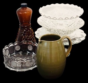 lot 138 image: Vintage Glass Pedestal Cake Plates, Vintage Fostoria Liberty Bell Bowl and More