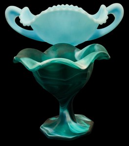 lot 135 image: Vintage Fenton Three Fruits Handled Comport Satin Blue Bon Bon Milk Glass and Slag Glass Candy Dish