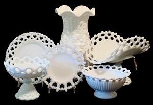 lot 104 image: Vintage Westmoreland Milk Glass Doric Lace, Fruit Stand, Candy Dishes and More