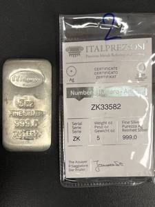 lot 71 image: Italpreziosi 5 oz .999 Fine Silver Bar With Certificate