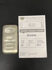 lot 72 image: Italpreziosi 5 oz Fine Silver Bar, Serial Number ZK33599, 999.0 Purity