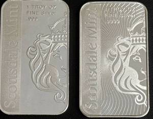 lot 85 image: Two 1 Troy Oz .999 Fine Silver Bars by Scottsdale Mint