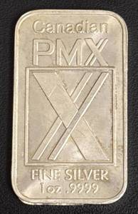 lot 86 image: 1 oz Canadian PMX .9999 Fine Silver Bar